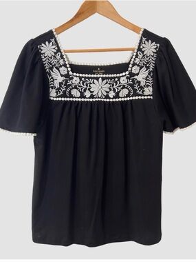 kate spade Black Top with White Floral Embroidery